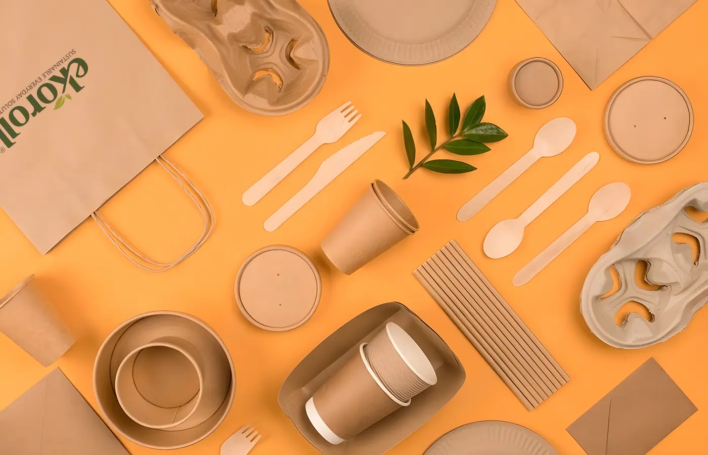 wooden and bamboo disposable cutlery with eco friendly takeaway packaging