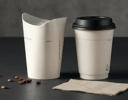 Hot paper cup with compostable lid next to a lid-free paper cup — comparison for cafés and horeca