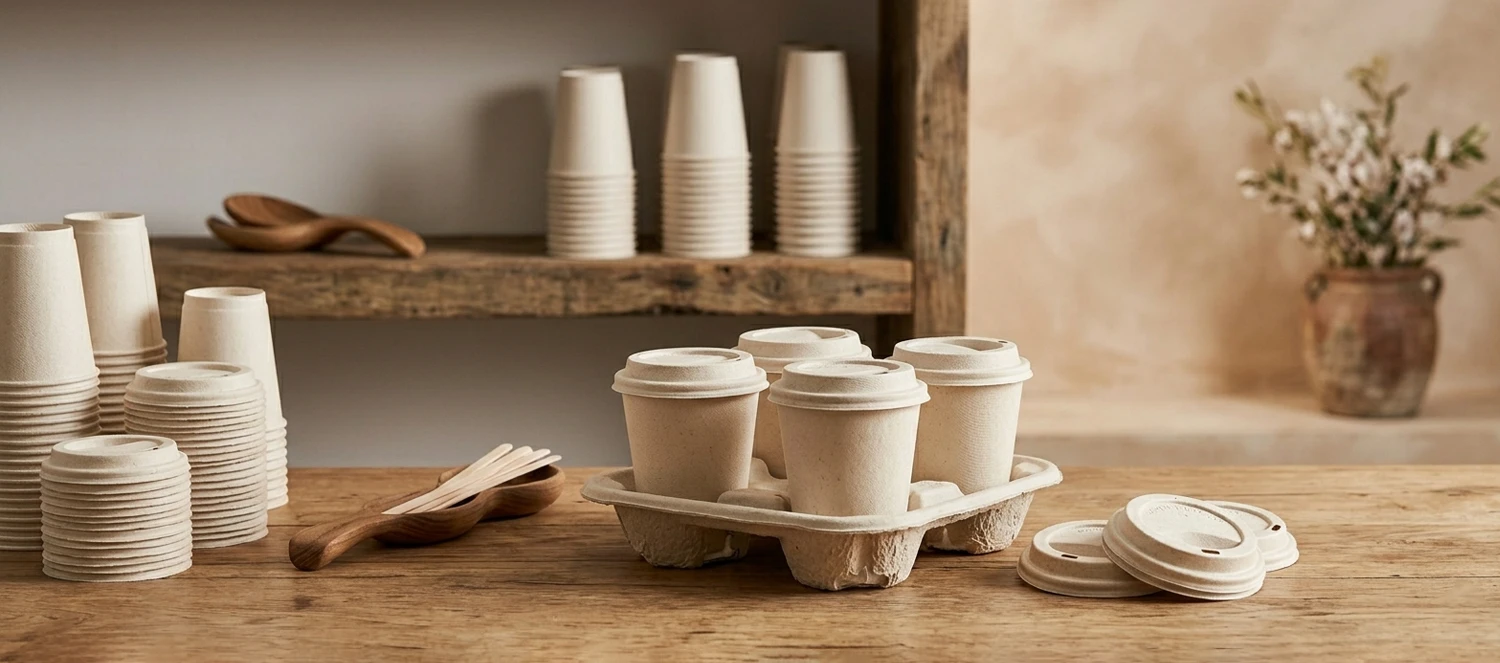 Compostable molded fiber lid on a paper cup — plastic-free alternative for cafés and horeca