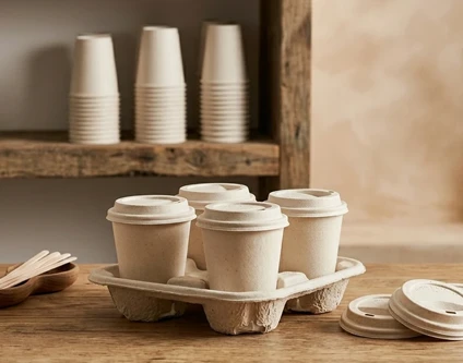 Compostable molded fiber lid on a paper cup — plastic-free alternative for cafés and horeca