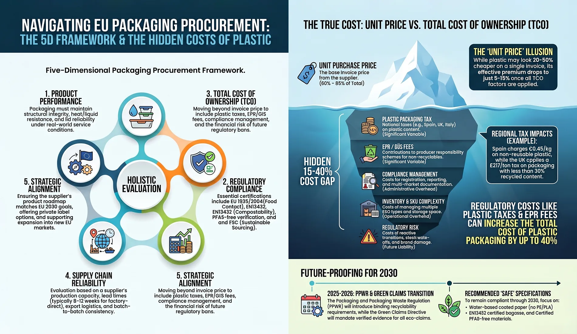 Infographic showing EU horeca packaging procurement framework, sustainable packaging supplier evaluation, regulatory compliance, total cost of ownership, plastic taxes, EPR fees and future-ready procurement strategy for foodservice operations