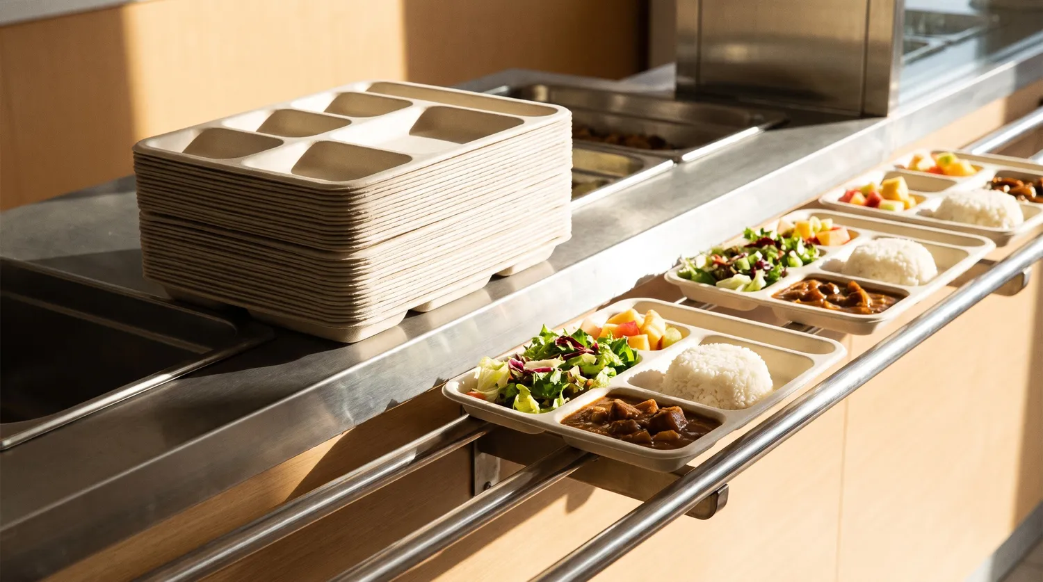 Stapel leerer Bagasse-Menüschalen mit Fächern und gefüllte Schalen mit Reis, Eintopf, Salat und Obst an einer Kantinenausgabe