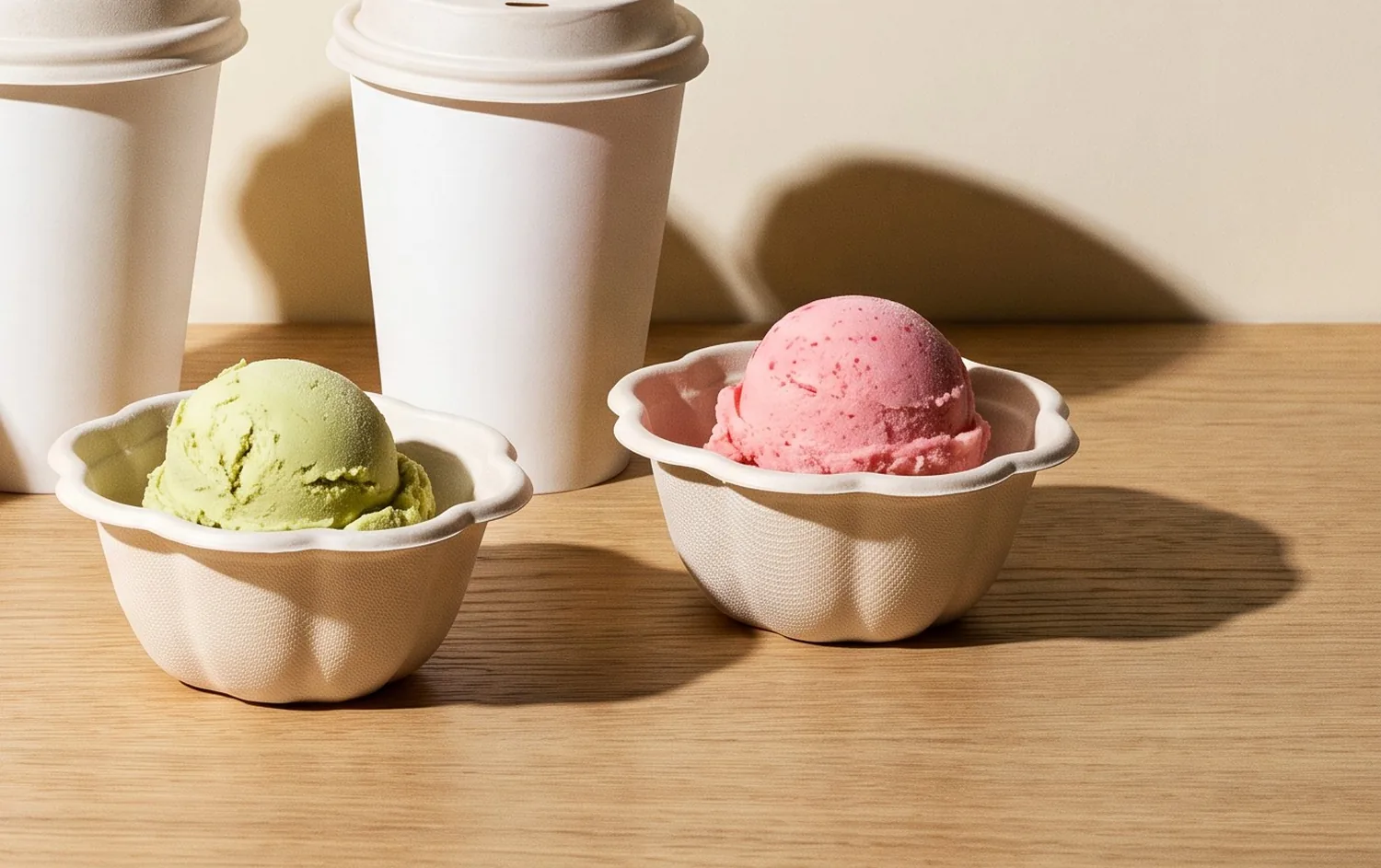 Zwei gewellte cremeweiße Dessertschalen aus Bagasse mit Kugeln Pistazien- und Erdbeer-Gelato auf einer hellen Eichentheke