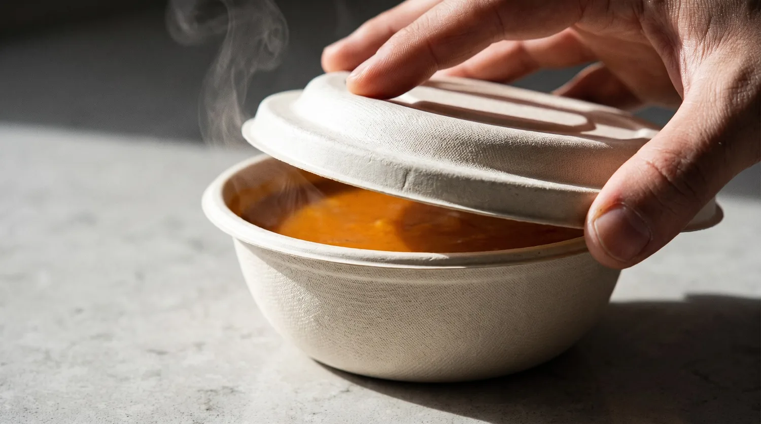 Hand setzt einen Deckel aus Formfaser auf den Rand einer Bagasse-Schale mit dampfender orangefarbener Suppe