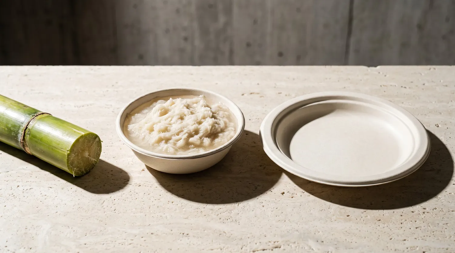 Ein geschnittener grüner Zuckerrohrstängel, eine Schale mit nassem hellem Zuckerrohrfaserbrei und ein fertiger cremeweißer Formfaserteller auf einer hellen Steinfläche