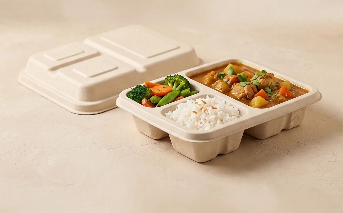 Tavuk körili, pilavlı ve sebzeli üç bölmeli bagasse yemek kabı; uyumlu bagasse kapağı yanında duruyor
