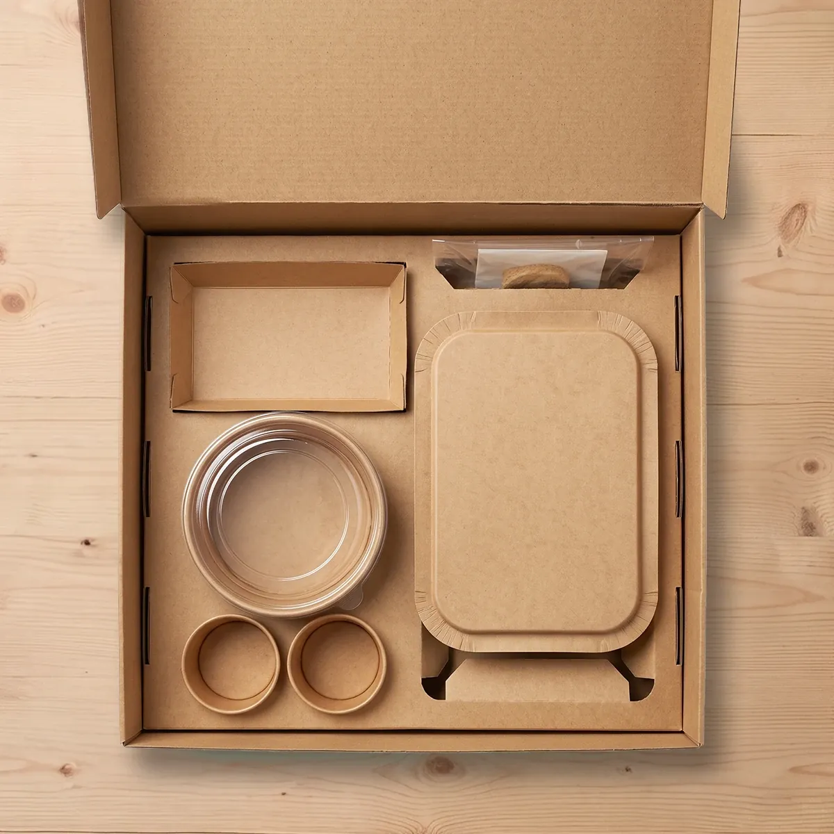 The same multi-compartment meal box, empty and packed with a full meal