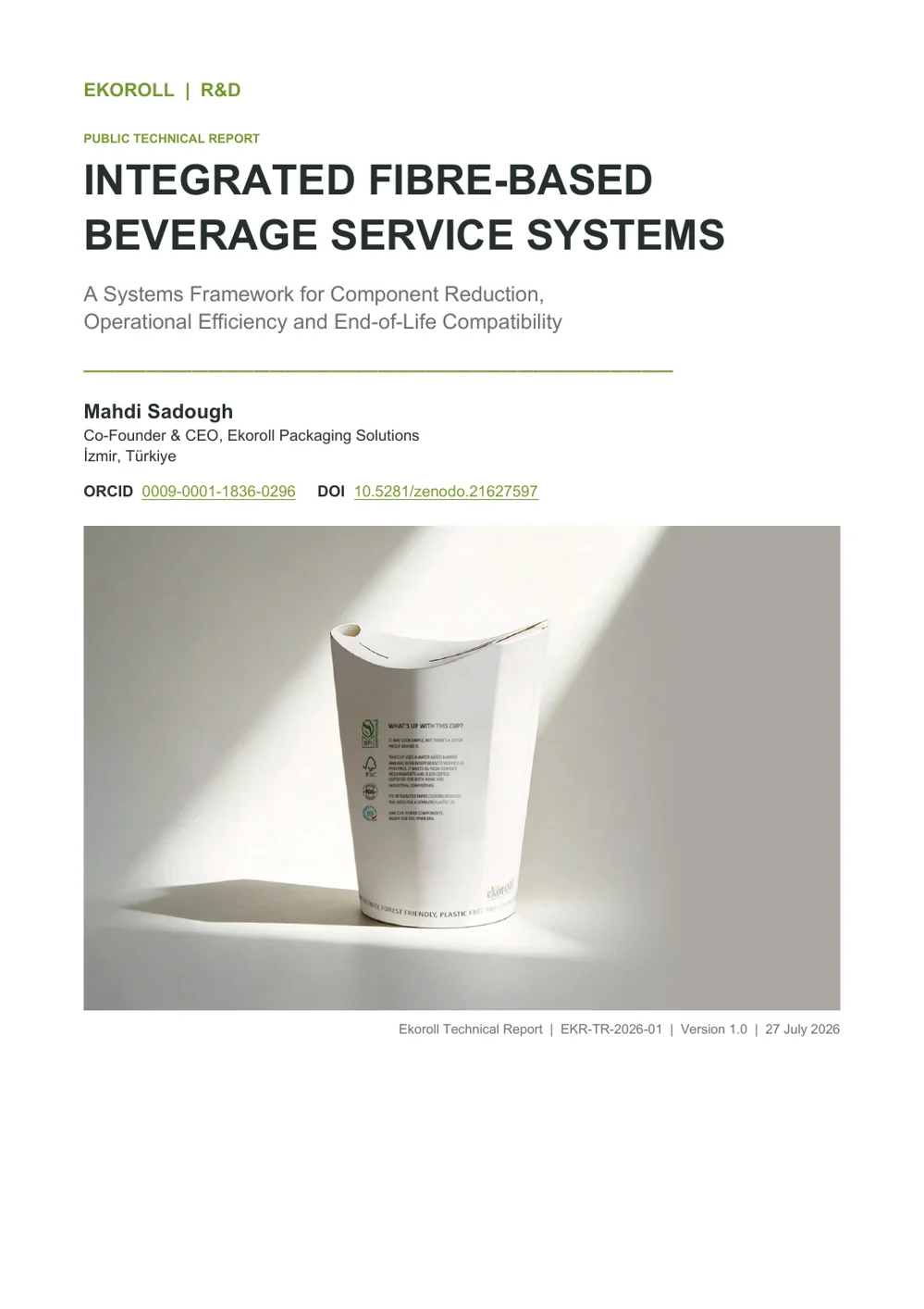 Titelseite des Ekoroll Technical Report EKR-TR-2026-01 über integrierte faserbasierte Getränkeservice-Systeme